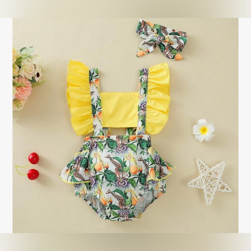 Tropical Print Yellow Kids Bodysuit with Headband